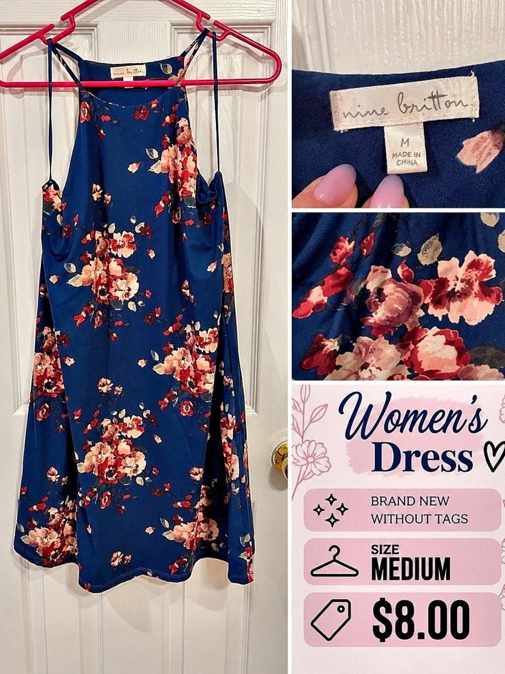 nine britton Floral Midi Dress in Blue & Red Size Medium NWT